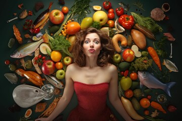 Fototapeta na wymiar Woman surrounded with fresh foods. Healthy nutrition with fruits and vegetables. Generated with artificial intelligence.