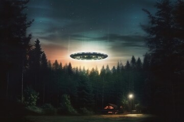 Fototapeta na wymiar UFO in the dark sky over the dark taiga at night, AI generated