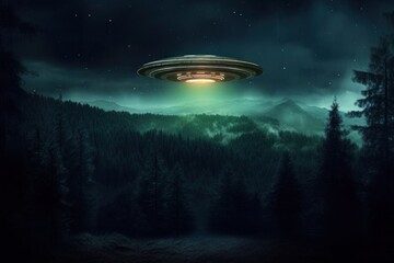 Naklejka na ściany i meble UFO in dark sky over dark wooded mountains at night, AI generated