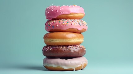 A stack of donuts with a soft pastel-colored topping, on blue/ green background.  Delicious donuts with colorful colored glaze. Generative AI - obrazy, fototapety, plakaty