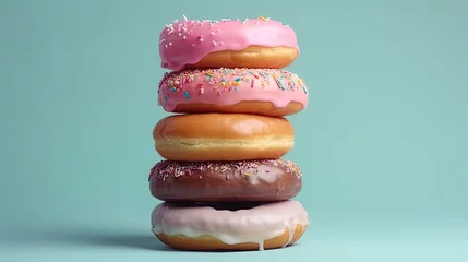 Foto op Plexiglas A stack of donuts with a soft pastel-colored topping, on blue/ green background.  Delicious donuts with colorful colored glaze. Generative AI © InspiringMoments