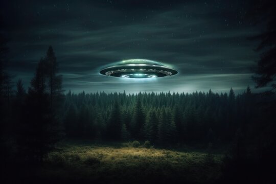Blue glowing UFO in the dark sky over the dark taiga at night, AI generated
