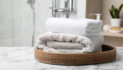 Fototapeta na wymiar Tray with clean soft towels on white marble table in bathroom. Space for text
