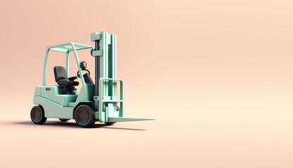 Toy cartoon forklift isolated on pastel light flat background with copy space. Orange, blue, green, mint palette colors. Generative AI 3d render illustration imitation.