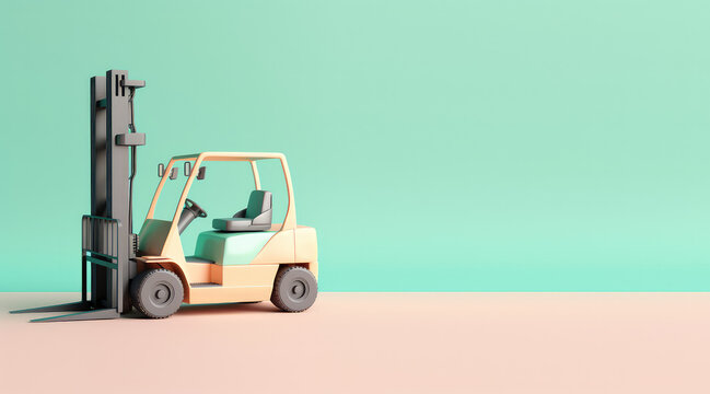 Toy cartoon forklift isolated on pastel light flat background with copy space. Pink, green, mint palette colors. Generative AI 3d render illustration imitation.