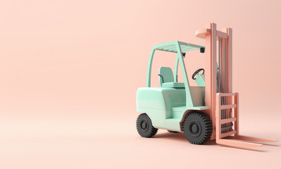 Toy cartoon forklift isolated on pastel light flat background with copy space. Pink, blue, green palette colors. Generative AI 3d render illustration imitation.