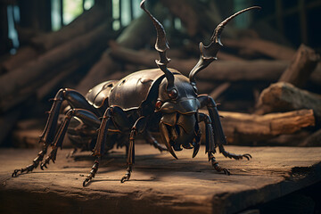 stag beetle with its impressive antler - obrazy, fototapety, plakaty