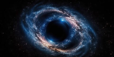 Black hole, vortex, nebula stargazing. Circle swirl. Glitter mist. Ink water. Cosmic vortex. Metallic blue color shimmering dust particles in round smoke frame on dark black background. Generative AI