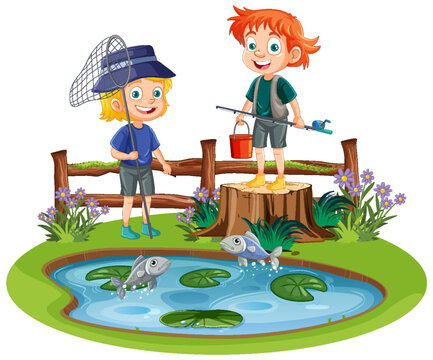 Kids Fishing in Pond