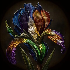 Beaded brooch in the form of iris flower. Beautiful brooch from glass beads. - obrazy, fototapety, plakaty