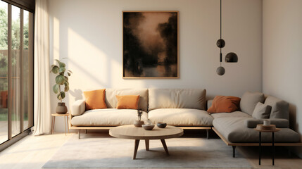 Stylish Living Room Interior with an Abstract Frame Poster, Modern interior design, 3D render, 3D illustration