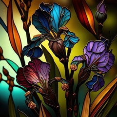 Colored stained glass with iris flowers. 
