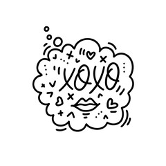 Hand drawn vector word xoxo in speech bubble with elements. One color lettering design for posters, stickers, t-shirts, cards, invitations, stickers, banners, advertisement.