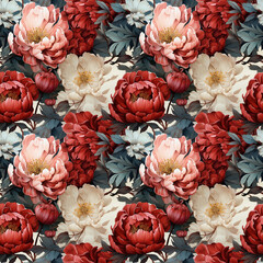 Watercolor illustration: seamless colorful pattern of peony flowers with leaves. Generative ai. Vintage botanical pattern in oriental style.