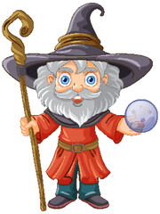 Old wizard wearing a hat with a long beard holding stick