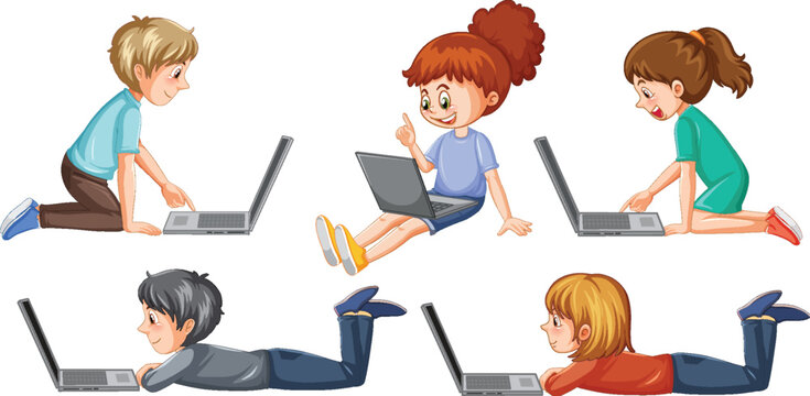 Cartoon Kids Using Laptops for Online Learning