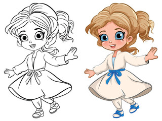 Cute Girl in Beautiful Dress Outline for Colouring