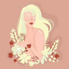 Beautiful albino woman with long white hair.International Albinism Awareness Day.Young woman with albino skin and freckles Vector illustration on beige background.Banner, poster, postcard design