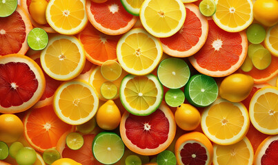  a group of citrus fruit cut in half with limes and grapefruits.  generative ai