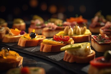 A wide variety of canape buns. Lots of tasty salty  snacks. A richly laid table. Ready for party. - obrazy, fototapety, plakaty