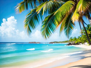 Fototapeta na wymiar Tropical beach with palm trees and blue sea. Generative AI