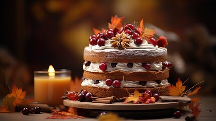 close up Autumn and Thanksgiving cake, Generative Ai - obrazy, fototapety, plakaty
