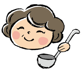 おたまを持ってにっこりする中年女性