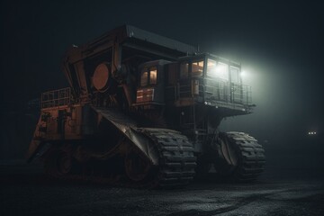 Foggy mood and dimly lit, massive coal digger. Generative AI