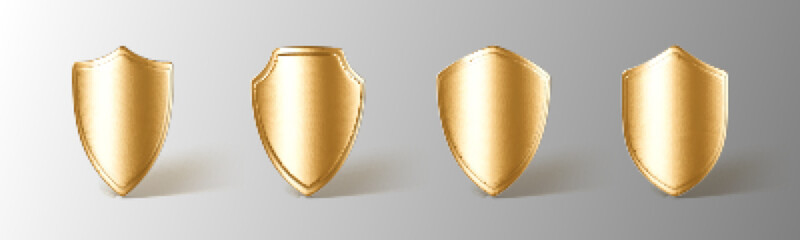 3D realistic golden shields set. Concept of secure protection. Vector 3d Illustration