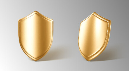 3D realistic golden shields. Concept of secure protection. Vector 3d Illustration