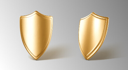 3D realistic golden shields. Concept of secure protection. Vector 3d Illustration