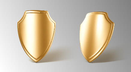 3D realistic golden shields. Concept of secure protection. Vector 3d Illustration
