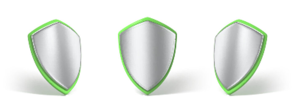 3D render shields isolated on white background. Realistic shield icons. Concept of secure protection. Vector 3d Illustration