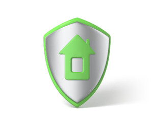 3d render shield with house icon. Home security concept. House protect symbol. Vector 3D Illustration