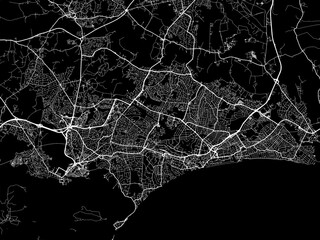 Vector road map of the city of  Bournemouth in the United Kingdom on a black background.
