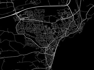 Vector road map of the city of  Kirkcaldy in the United Kingdom on a black background.