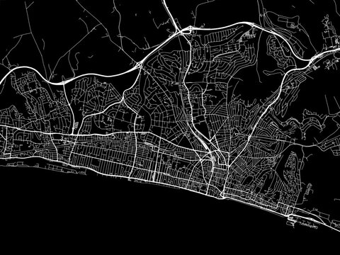 Vector road map of the city of  Brighton in the United Kingdom on a black background.