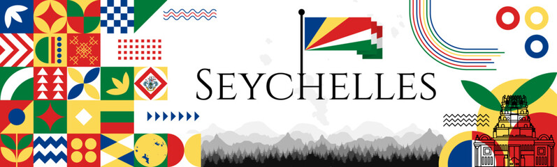 Seychelles Independence Day abstract banner design with flag and map. Flag color theme geometric pattern retro modern Illustration design. Blue, Yellow, red and Green flag color template. - obrazy, fototapety, plakaty