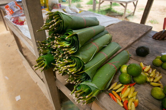 Banana leaves for cooking at a market in the Peruvian jungle.