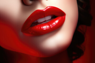 Obraz premium Close-up of a woman's beautiful lips, wearing bright red glossy metallic lipstick or lip gloss. Cropped image of a woman's face, red lipstick. Generative AI 3d render illustration imitation.