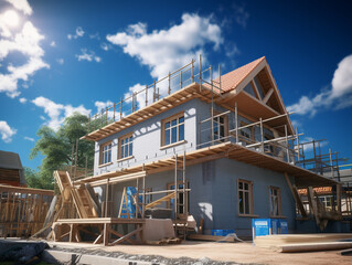 Construction of a new house on the background of the blue sky. Using wood frame and scaffolding as temporary support.
