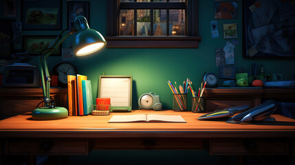 The teacher's desk on which the writing materials lie, in the evening under the lamp. Generative Ai