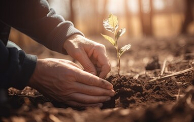Man hands planting the tree into the soil. planting, environent, Earth day, save the earth concept. Generative AI