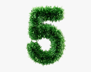 Digits made of green lawn grass. 3d illustration of green plant alphabet isolated on white background