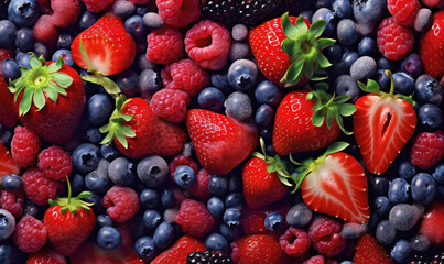 Obraz premium a close up of a bunch of berries and strawberries. generative ai