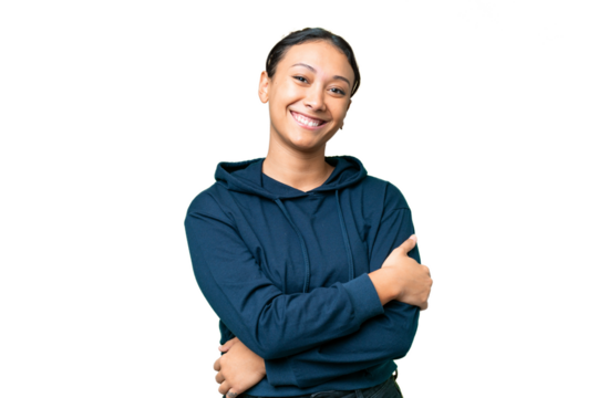 Young Uruguayan woman over isolated chroma key background laughing