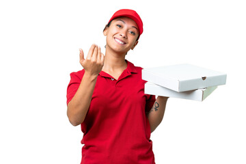 pizza delivery woman with work uniform picking up pizza boxes over isolated chroma key background inviting to come with hand. Happy that you came