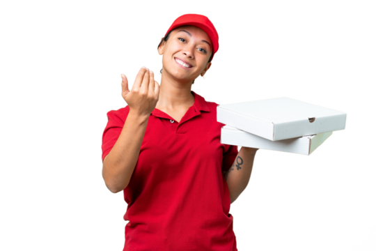 pizza delivery woman with work uniform picking up pizza boxes over isolated chroma key background inviting to come with hand. Happy that you came