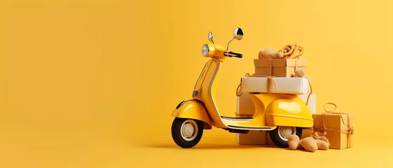 Tuinposter Scooter motorcycle on a yellow background, close-up, AI Generated © HarMony