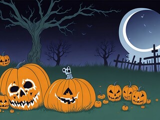Fototapeta premium Halloween greeting card - pumpkins and a skeleton in the cemetery at night, Generative AI, Generative, AI